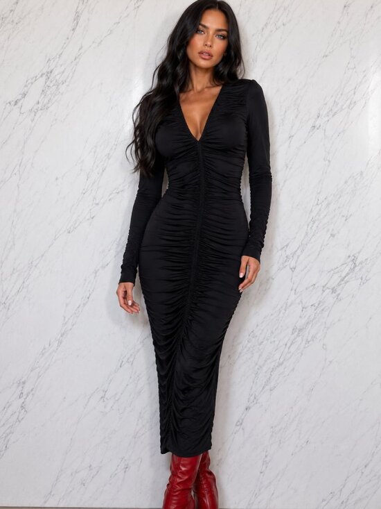 ASOS Dresses & Skirts - NWT ASOS Slinky Sexy Black Ruched Dress Bodycon Date Night Party Edgy Curvy